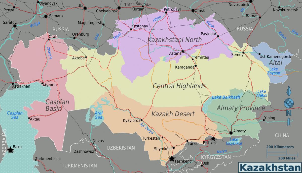 नक्शा कजाखस्तान के क्षेत्र